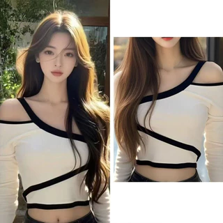 เสื้อแขนยาวผู้หญิงแฟชั่นใหม่ สไตล์มินิมอล โชว์ไหล่
