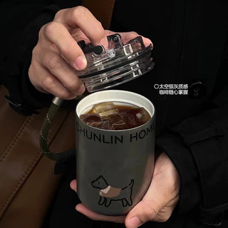 【LUCKY】CHUNLIN ถ้วยกาแฟเคลือบเซรามิก 316 แก้วเก็บความร้อนสแตนเลสพร้อมสายรัดถ้วยพกพา 330มล