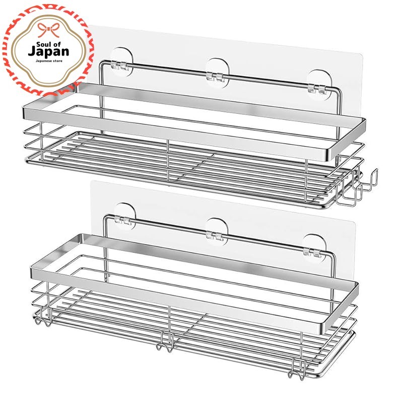 Orimade Bathroom Rack Stainless Steel Strong Adhesive Shower Wall Shelf 2-Tier/5-Hook【Direct from Ja