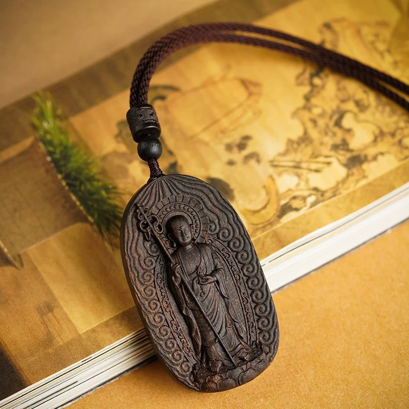 จี้ไม้กฤษณาตราพระนาตาลไม้กฤษณาแกะสลักเครื่องประดับสร้อยคอพระโพธิสัตว์จี้พระกษิติครรภ์สไตล์โบราณภูเขา