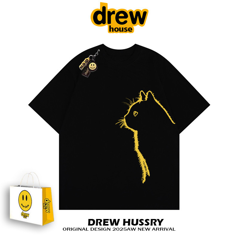 บีเคเอ็มเค เสื้อยืดแขนสั้นพิมพ์ลายแมวสําหรับผู้ชายและผู้หญิงแนวสตรีทหลวมครึ่งแขนผ้าฝ้ายแท้คู่
