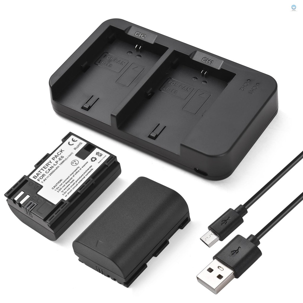 กล้อง LP-E6 LP-E6N แบตเตอรี่และชุดชาร์จ 2 ช่อง + 2pcs LP-E6 แบตเตอรี่ 7.4V 2600mAh + สายชาร์จ USB สํ