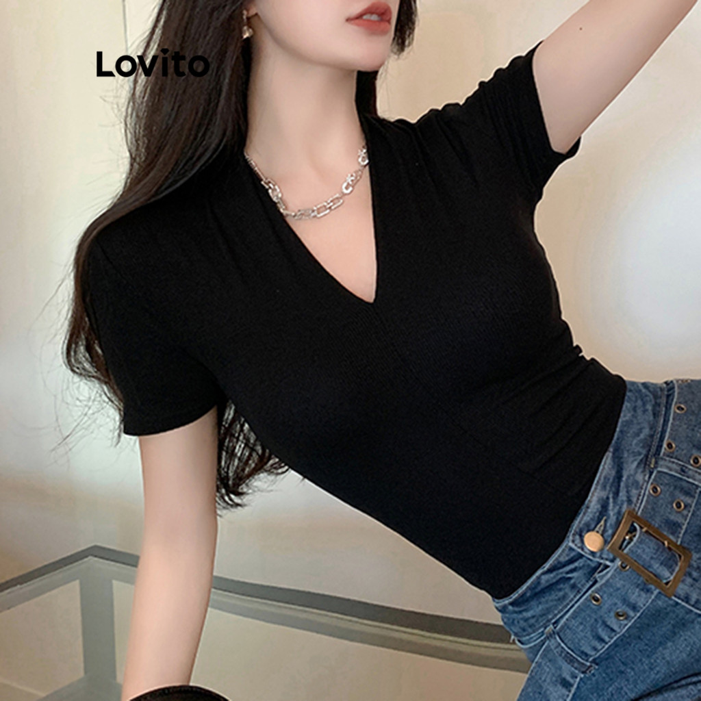 Lovito เสื้อยืดลําลอง เสื้อยืดแขนสั้นคอวีสีพื้นสําหรับผู้หญิง LNA10125 (หลากสี) - รูปที่ 2