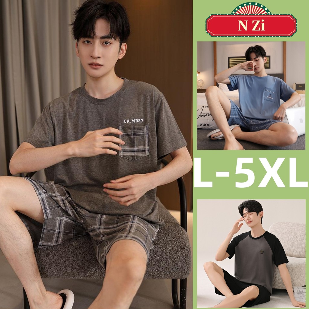 ชุดนอนผู้ชาย Modal แขนสั้นฤดูร้อน ผ้าฝ้ายบาง Plus Size L-5XL