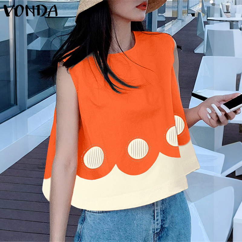VONDA ผู้หญิงเกาหลีลําลองคอกลมแขนกุดพิมพ์ Girlish Everyday Wear Tanks - รูปที่ 4
