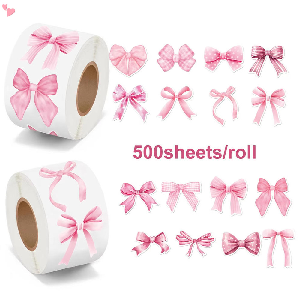 สีชมพู Bows สติกเกอร์ม้วน - 500 ชิ้น Coquette สีชมพู Bows สติกเกอร์ไวนิลกันน้ํา Girly Aesthetic Decal สําหรับของขวัญแล็ปท็อปขวด Scrapbooking กระเป๋าเดินทางคอมพิวเตอร์ซองจดหมายตกแต่งสําหรับเด็ก
