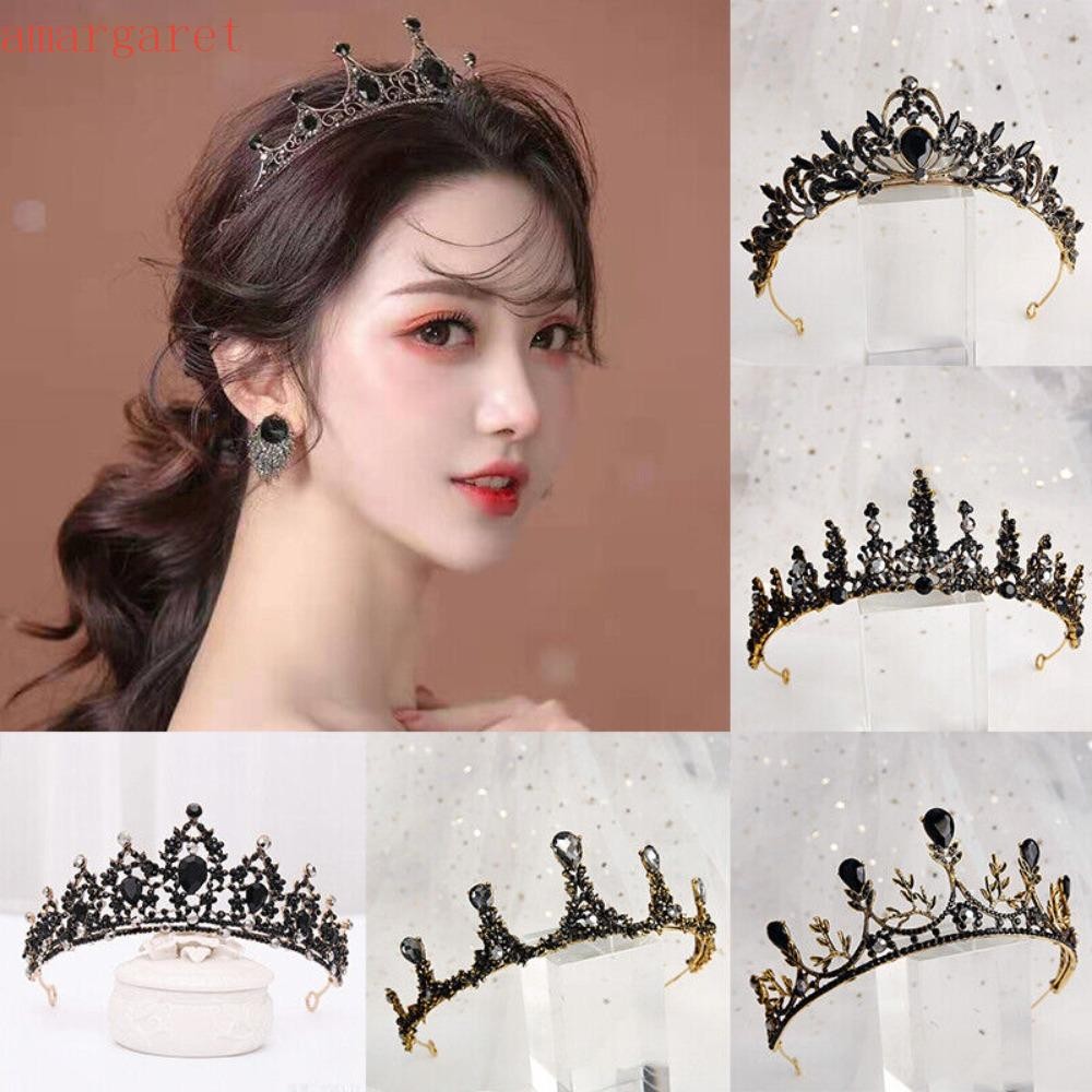 AMARGARET มงกุฎผม, คริสตัล Rhinestone เจ้าสาวงานแต่งงาน Tiara, แฟชั่นสีดํา Retro หรูหราแถบคาดศีรษะเจ้าหญิง