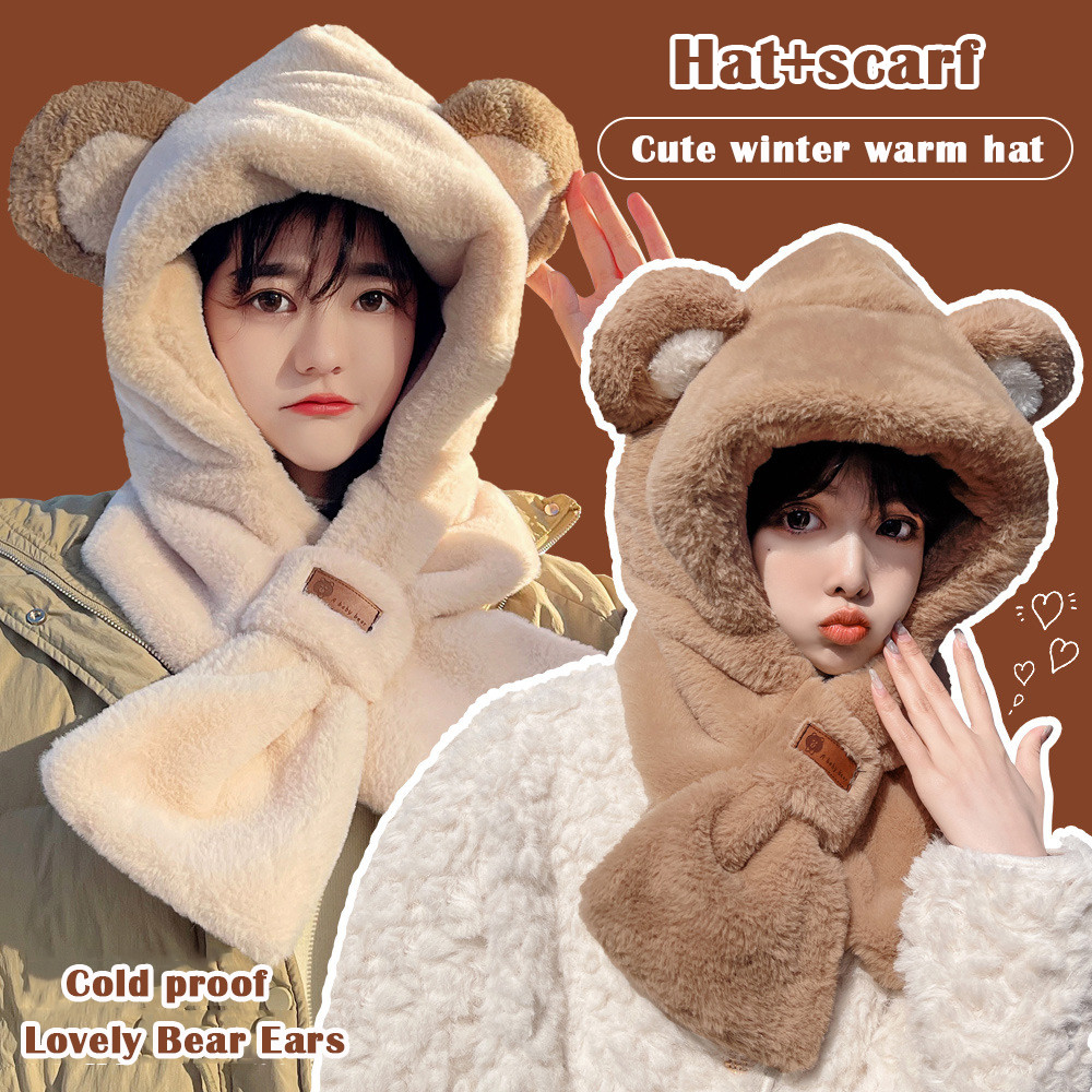 หมวกผ้าพันคอ ใส่ในหนึ่งเดียวหญิงฤดูหนาวที่อบอุ่นกระต่ายผมถักหมวกขี่จักรยานป้องกันหูน่ารักเย็นหลักฐานคอหมวก