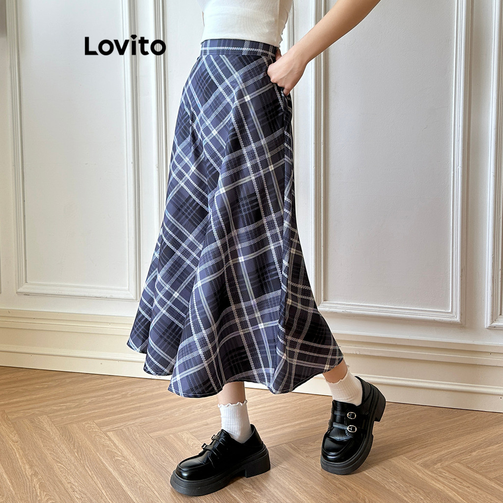Lovito กระโปรงลายสก็อตสีบล็อกลำลองสำหรับผู้หญิง L108ED835