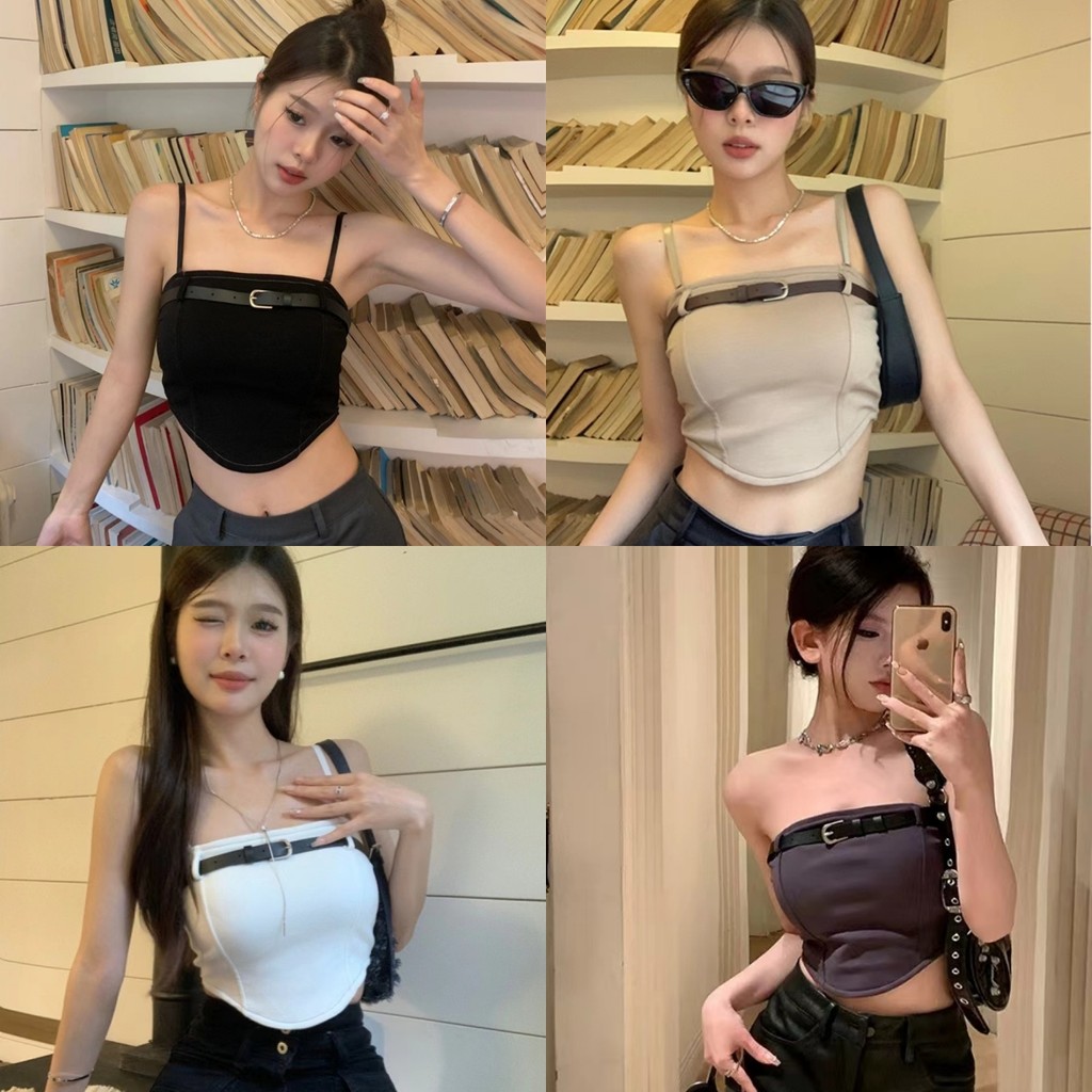 Evelyn เสื้อเกาะอกแฟชั่น ซับใน สุดเซ็กซี่ เอวลอย y2k เสื้อแขนกุด เข้ารูป ใส่ได้2แบบ พร้อมเข็มขัด ส่งไวจากไทย#FY6652