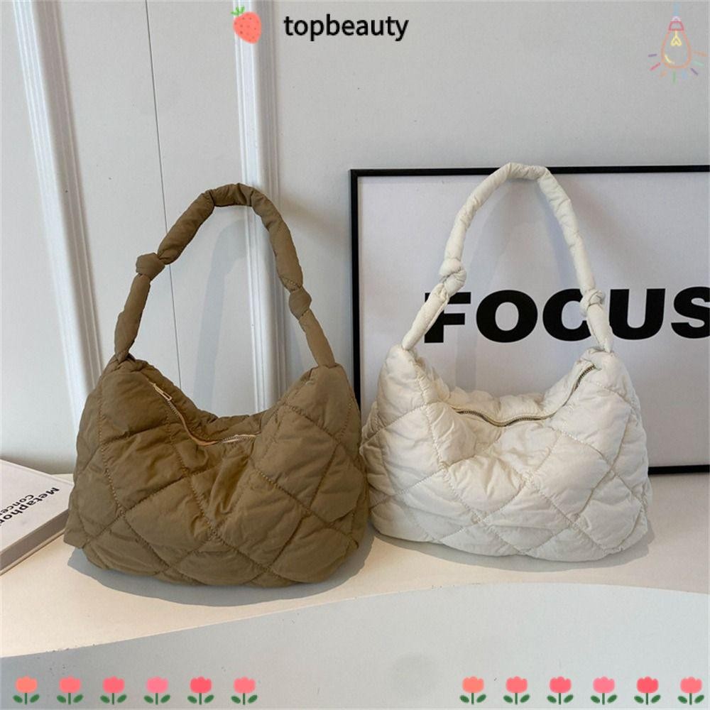 Topbeauty Messenger Bag, กระเป๋าสะพายผ้าฝ้ายบุนวมความจุขนาดใหญ่, กระเป๋าแฟชั่นสีทึบ Quilted Tote Bag หญิงสาว