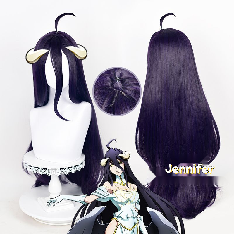 Anime Overlord Albedo Cosplay Wig 100cm Long Straight Purple Black Wigs Headdress Corner Prop Heat R