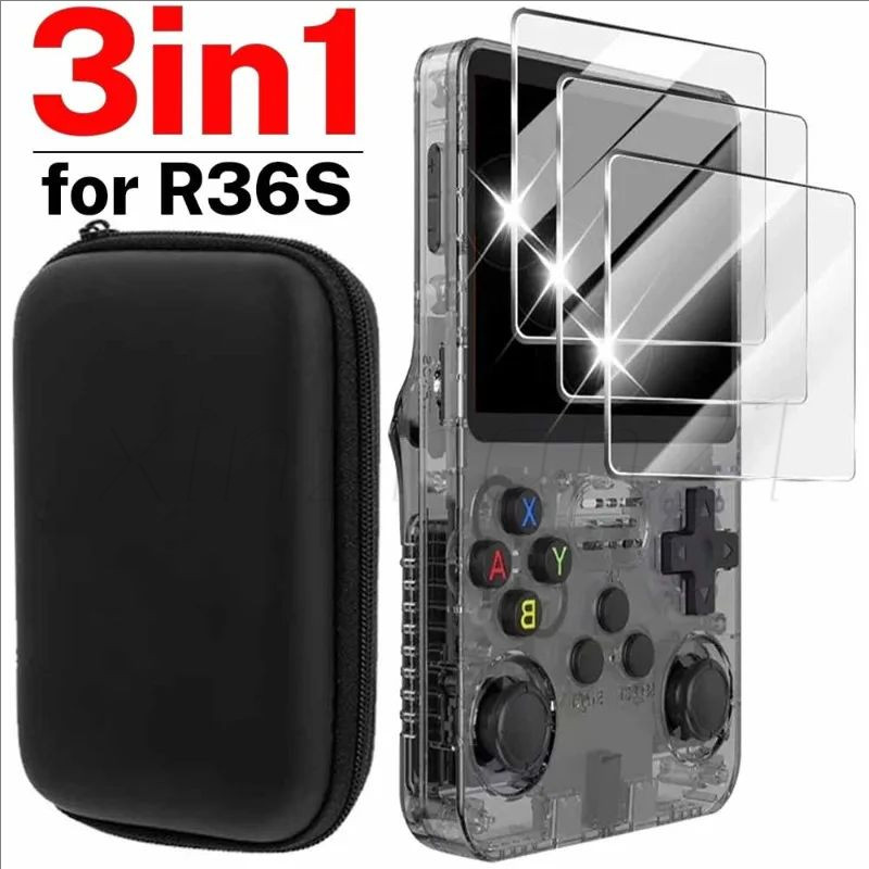 สําหรับคอนโซลเกม R36S - เคสเก็บของและตัวป้องกันหน้าจอกระจกนิรภัย-เครื่องเกมชุดป้องกันกันรอยขีดข่วน-เคสซิปเปลือกแข็ง EVA แบบพกพาสีดํา
