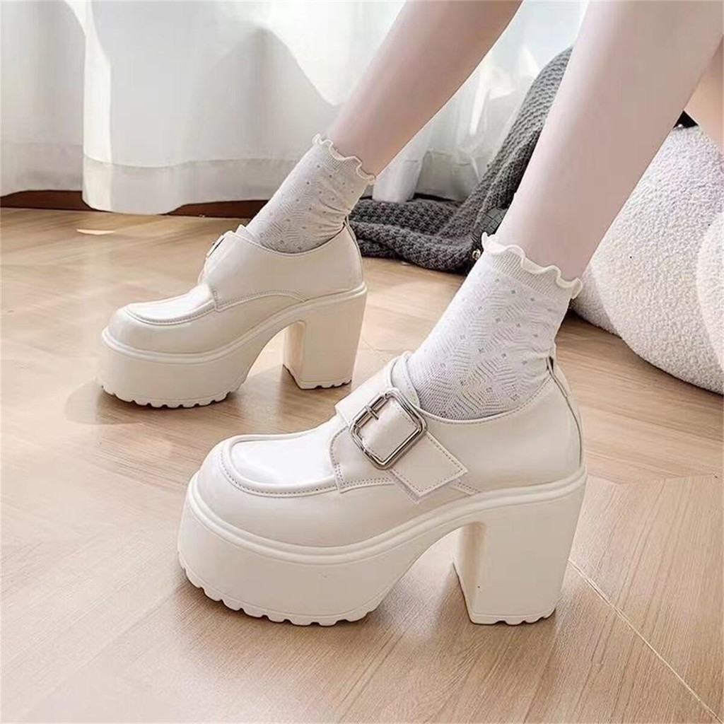 ญี่ปุ่น หวาน เย็น รองเท้าส้นสูงผู้หญิง รองเท้าส้นสูงแฟชั่น สูง3.75นิ้ว วัสดุPU ส้นหนากันลื่น ใส่สบาย