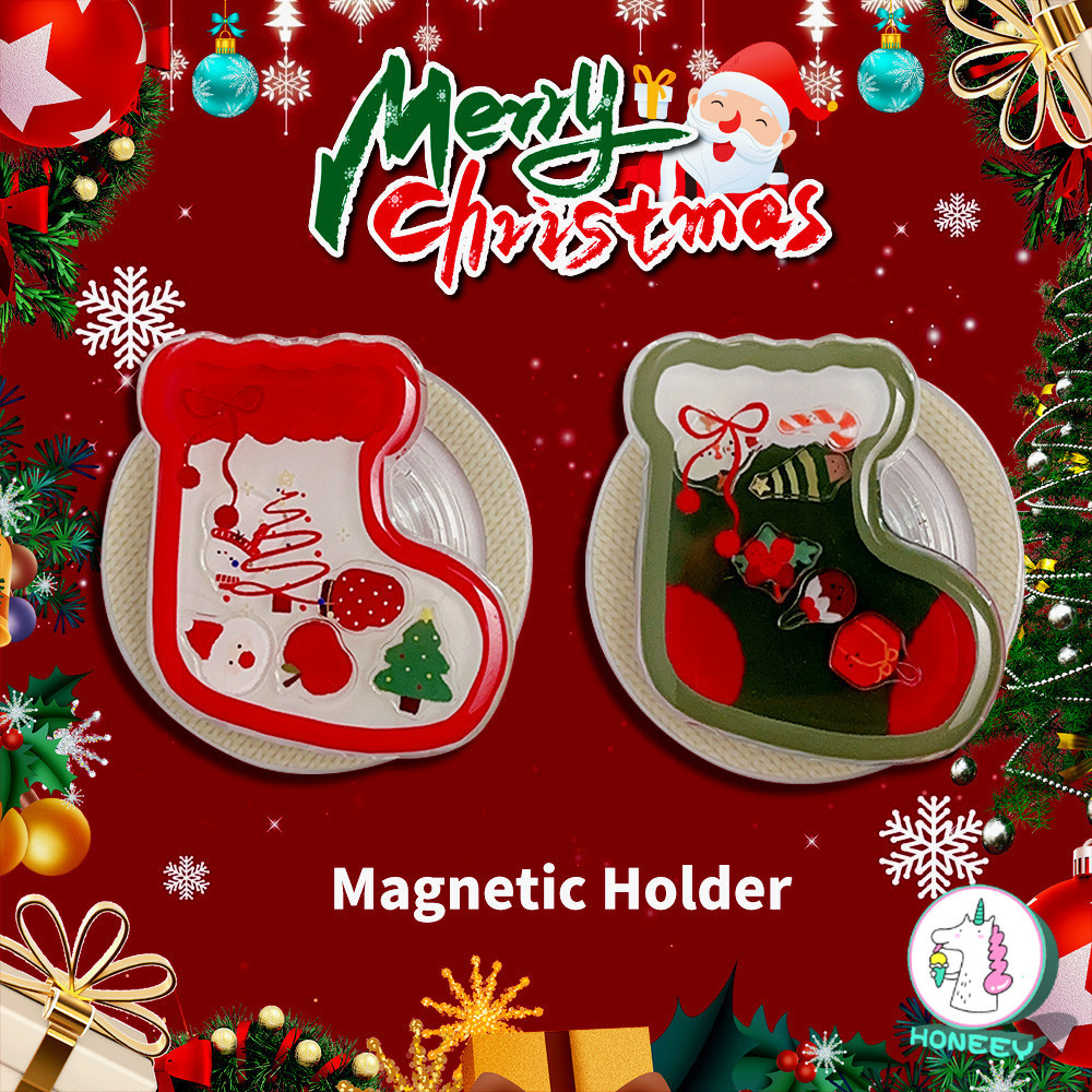 Merry Christmas ถุงน่องสําหรับโทรศัพท์แม่เหล็ก Grip Tok Griptok Stand สําหรับ IPhone 16 พับไร้สายชาร์จกรณีผู้ถือแหวนคริสต์มาสของขวัญ