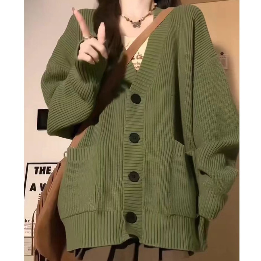 Laterme 4 สี ใหม่คอวีหลวม เกียจสไตล์ ยาวเสื้อ สเวตเตอร์ถักผู้หญิง สําหรับผู้หญิง