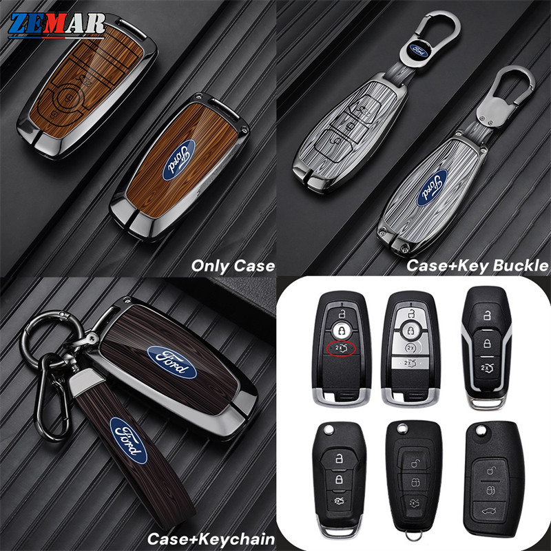 Ford พื้นผิวไม้เนื้อ โลหะผสมสังกะสี ฝาครอบสมาร์ทคีย์ เคสป้องกัน พร้อมพวงกุญแจ อุปกรณ์เสริมรถยนต์ Ranger Raptor Everest Fiesta Focus Mustang Escape Ecosport STI