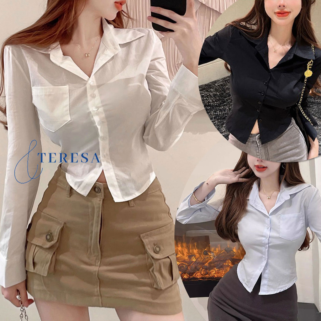 เสื้อเชิ้ตสีขาว ดีไซน์ทันสมัย เอวคอด เพิ่มความเพรียว