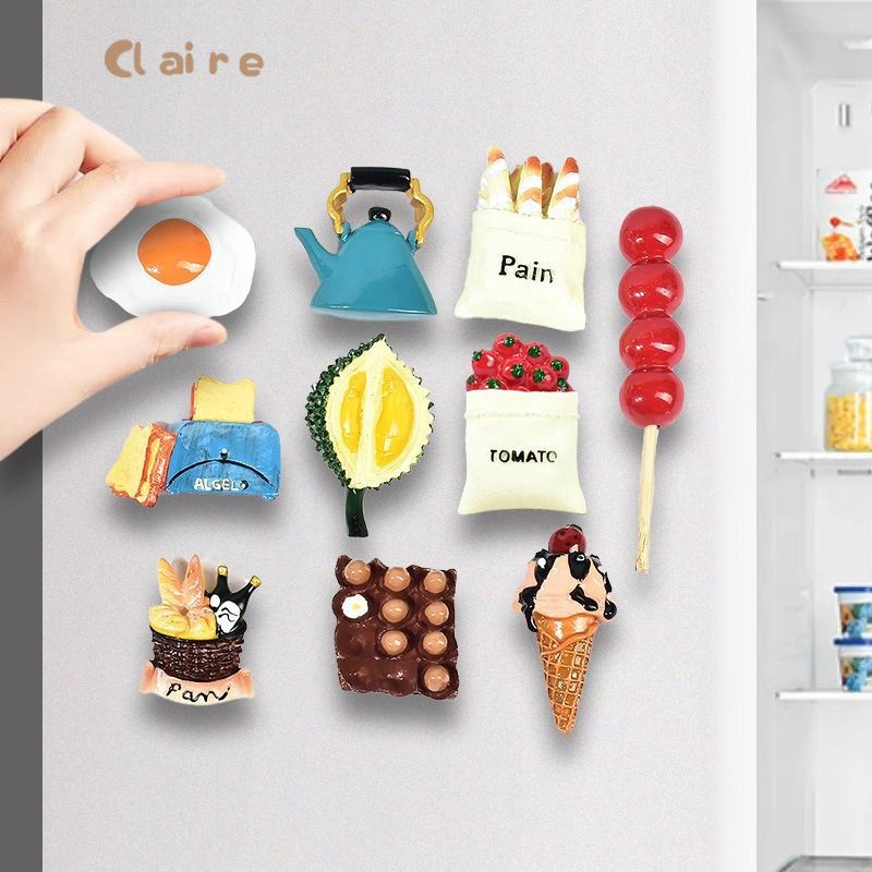 🏡ตกแต่งตู้เย็น แม่เหล็กติดตู้เย็น 3D magnet แม่เหล็กติดบอร์ด กระดาน ลายอาหาร ไข่ดาว ขนมปัง กาแฟ ของตกแต่ง Claire