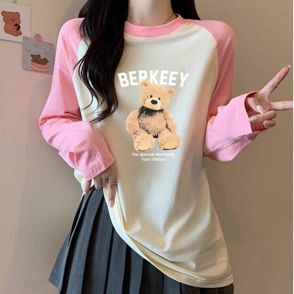 MKL เสื้อยืดแขนยาว คอกลม ทรงหลวมขนาดใหญ่ สีพื้น พิมพ์ลายการ์ตูนหมีน่ารักๆ แฟชั่นฤดูใบไม้ผลิและฤดูใบไ