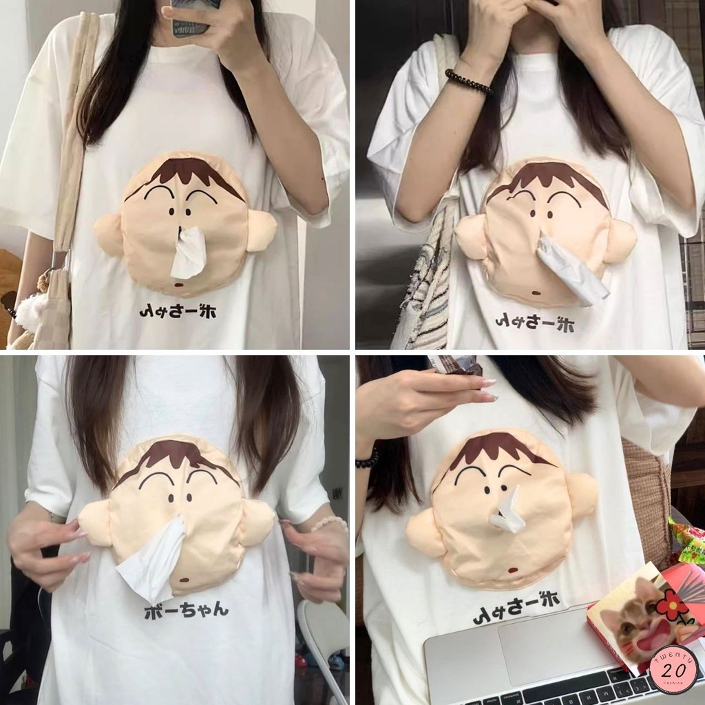 New2023 เสื้อยืดแขนสั้น แฟชั่นอกแต่งกระเป๋าหัวการ์ตูน ใส่ทิชชู่ ใส่ของได้จริง มีซิปรูด