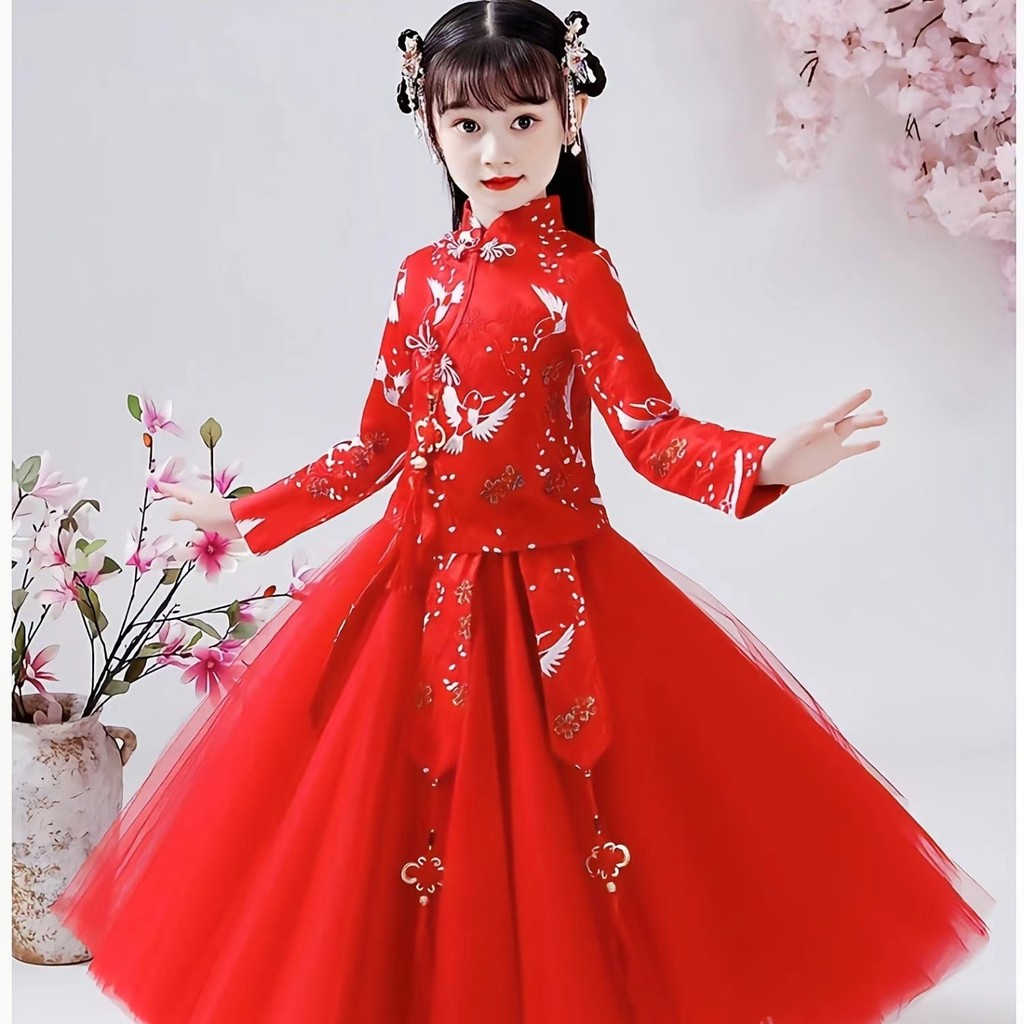 儿益智hanfu ชุดสำหรับเด็กสาว cheongsam ชุด CNY budak perempuan ดอกไม้จีน Hanfu วินเทจตาข่ายจีนโบราณชุดเจ้าหญิง