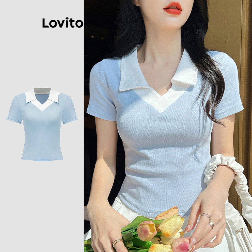Lovito เสื้อยืดผู้หญิง สีพื้น คัลเลอร์บล็อก สไตล์ลำลอง L87ED116