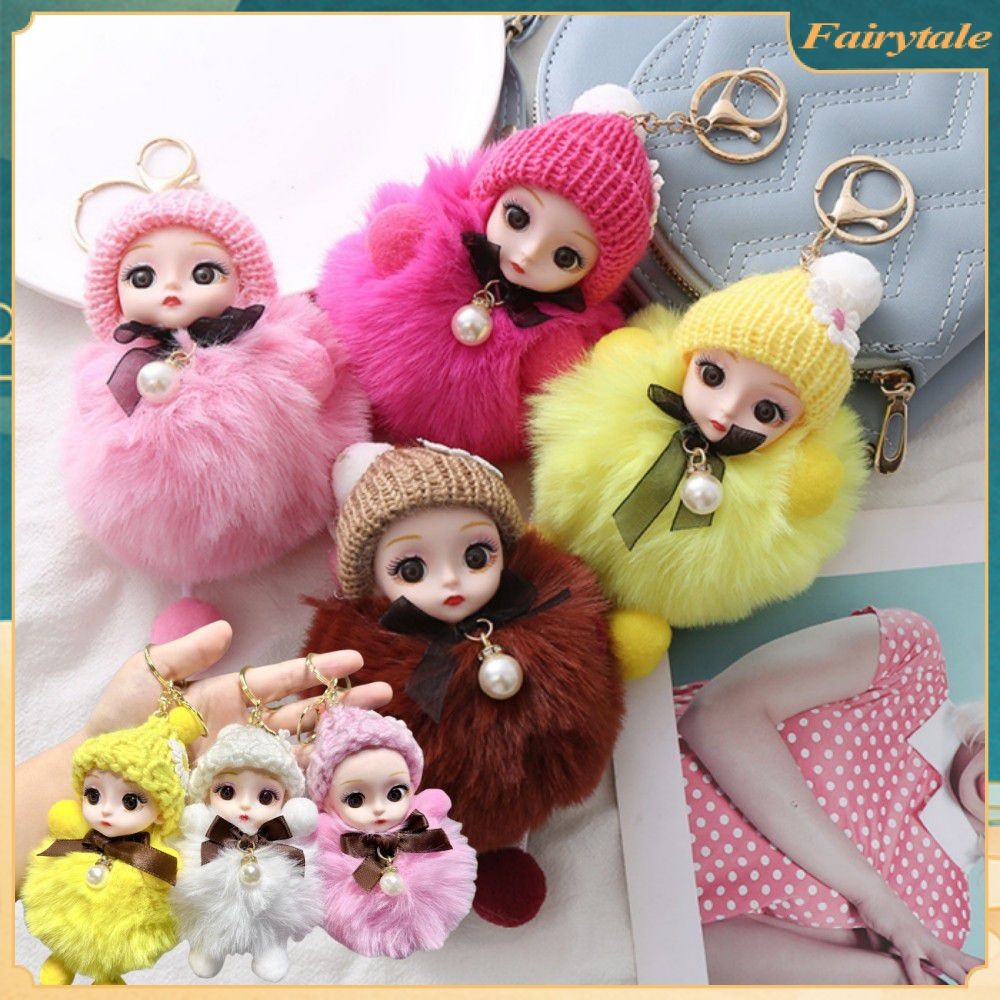 ❀ Hot Pompom Smiling Doll Rabbit Fur Keychains Cute Fluffy Plush Doll Key Chain For Women Girl Bags Pendant Cars Keyring Gift
