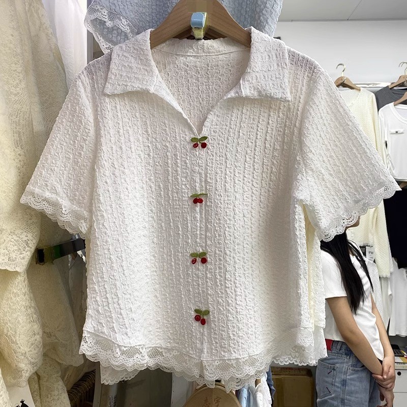 ชุดเสื้อแขนสั้นคอปกพับลายลูกไม้ แฟชั่นใหม่ฤดูใบไม้ผลิฤดูร้อน สบายๆ เรียบง่าย สบาย สลิมฟิต เสื้อผู้หญิงอเนกประสงค์