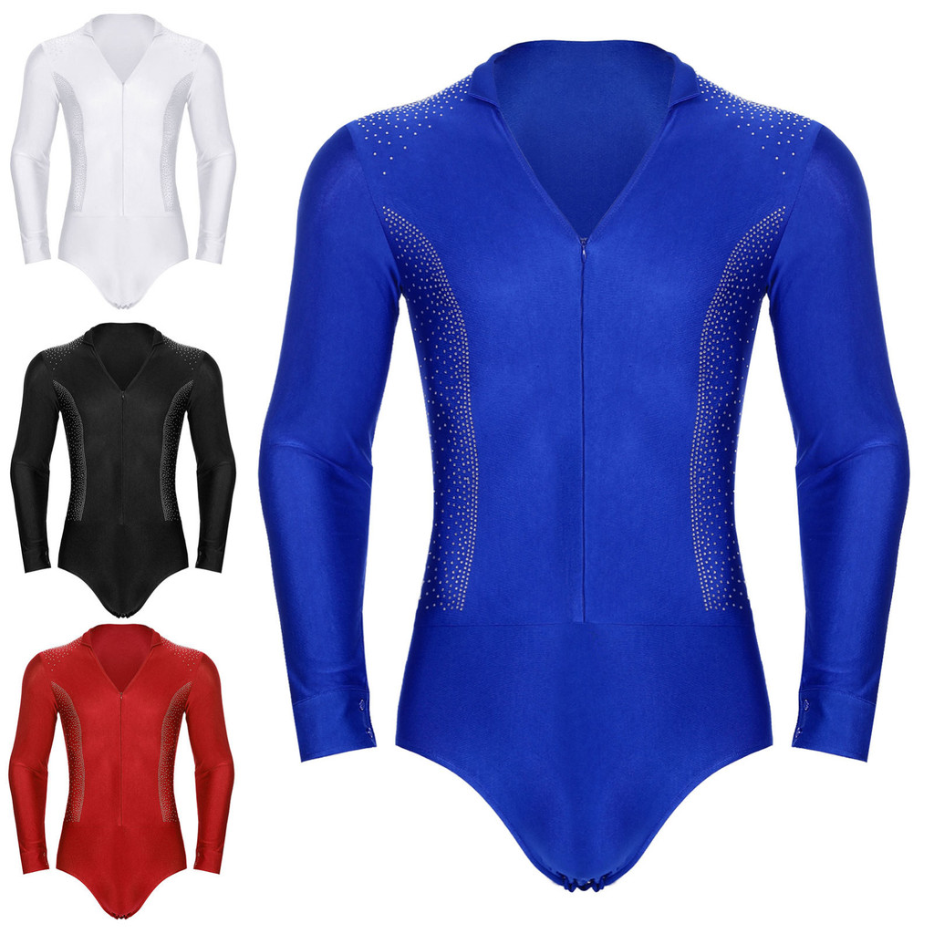 Yeahdor Mens รูปสเก็ตเต้นรําละตินบอดี้สูทการแสดงบนเวทีเครื่องแต่งกายคอวีแขนยาวประกาย Rhinestones Leo