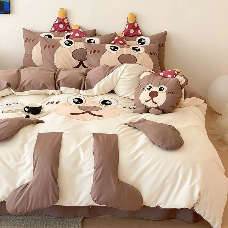 ชุดผ้าปูที่นอน 4 ชิ้น สไตล์การ์ตูน ผ้าคอตตอนและผ้าวอชแคม