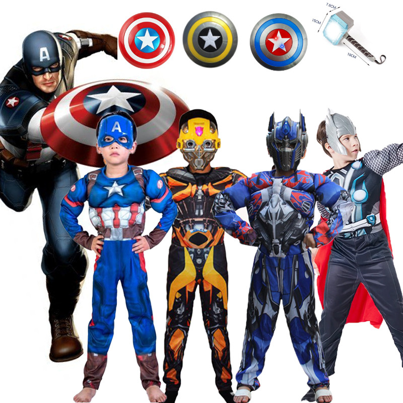 Marvel Superhero Transformer Optimus Prime Bumblebee กัปตันอเมริกา Thor เครื่องแต่งกายสําหรับเด็ก Boy Purim กล้ามเนื้อ Jumpsuit หน้ากากโล่ฮาโลวีนหนังสือสัปดาห์เครื่องแต่งกายชุด