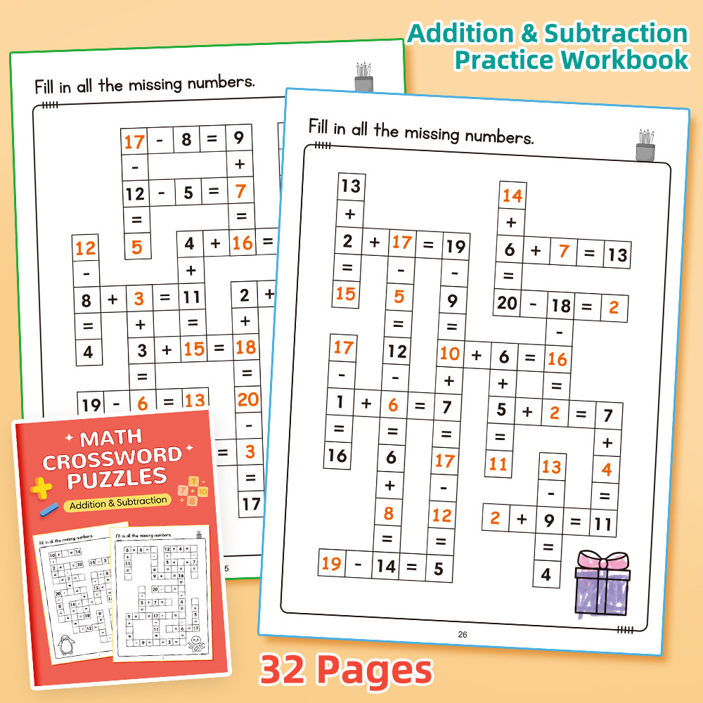 32Pages/ชุดคณิตศาสตร์ Crossword ปริศนาหนังสือฝึกสําหรับเด็กลบบวกด้วย 20 การดําเนินงานทางคณิตศาสตร์สมุดงานการบ้าน