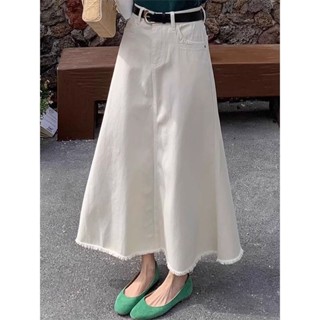 กระโปรงยีนส์สีขาวผู้หญิงฤดูใบไม้ผลิฤดูร้อนเอวสูง Slimmer ดูข…