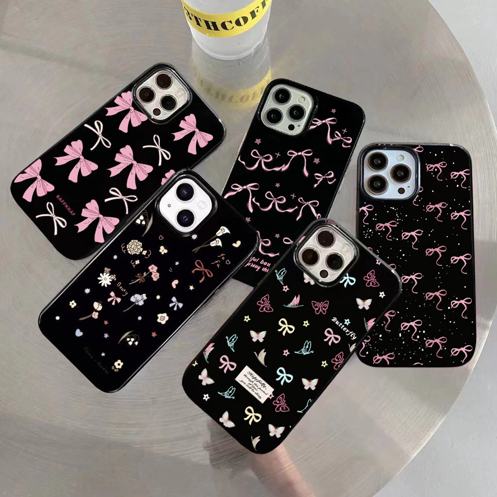 สำหรับ iPhone 16 Pro Max เคส ไอโฟน สีดำมันTPUซอฟท์เคส กันกระแทกกล้องป้องกัน โบว์ดอกไม้ เข้ากันได้กับ 14 13 12 Pro 11...