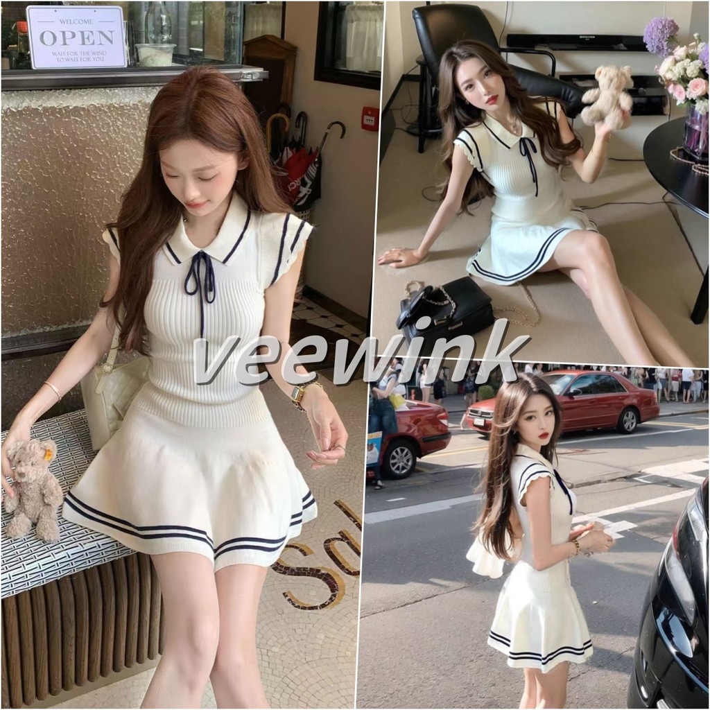Veewink พร้อมส่งจากกทม เดรสผ้าลัคชู  เสื้อผ้าผู้หญิง เดรสสีขาว  กระโปรงทรงสลิม ทรงสวย รอบเอว 21.1-27.3 นิ้ว