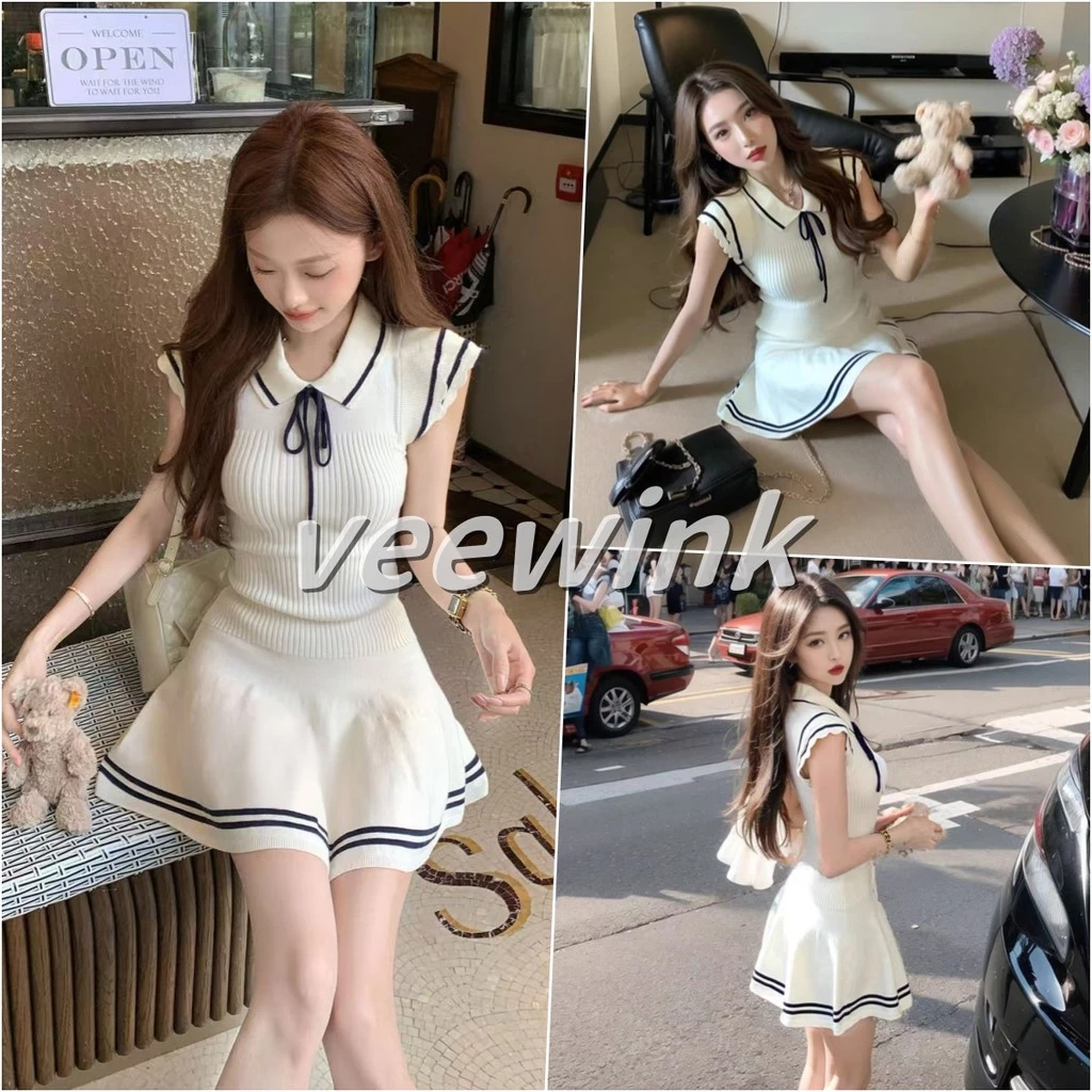 Veewink พร้อมส่งจากกทม เดรสผ้าลัคชู เสื้อผ้าผู้หญิง เดรสสีขาว กระโปรงทรงสลิม ทรงสวย รอบเอว 21.1-27.3 นิ้ว