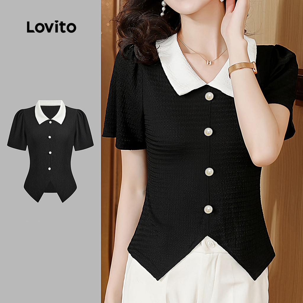 (trendy3)Lovito สง่างามผ้าปะติดแยกด้านหน้า สีบล็อกผ้าเย็บเสื้อสําหรับผู้หญิง L132ED445