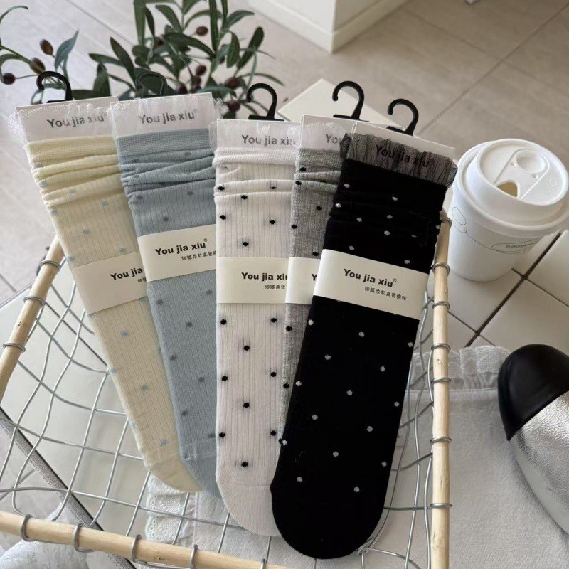 ฤดูใบไม้ผลิฤดูร้อนบางยาว-staple ผ้าฝ้ายลูกไม้ Polka Dot ถุงเท้า ins Preppy สไตล์ไม่มีกระดูกสาวถุงเท้า