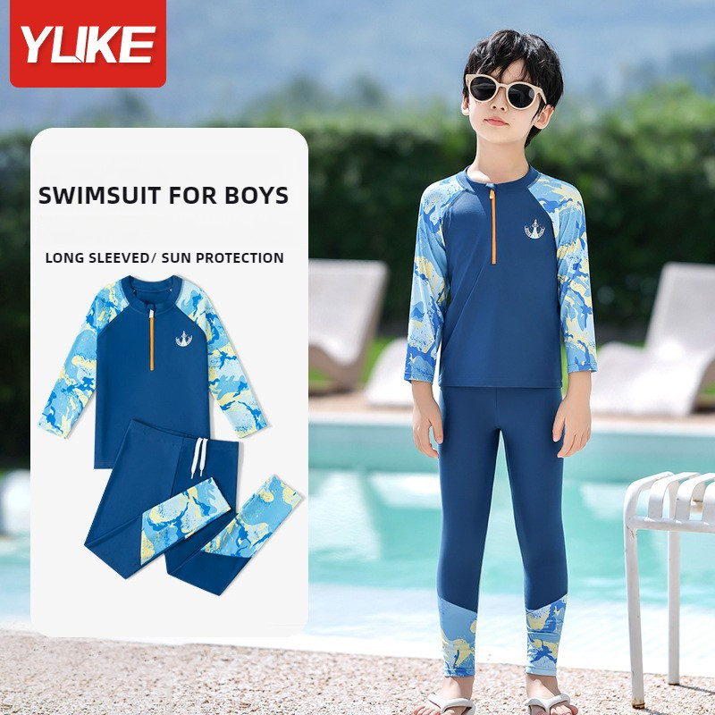 YUKE ชุดว่ายน้ํา ชุดว่ายน้ำแห้งเร็วชุดว่ายน้ำแขนยาวป้องกันแสงแดดสำหรับเด็ก long sleeved swimsuit for boys