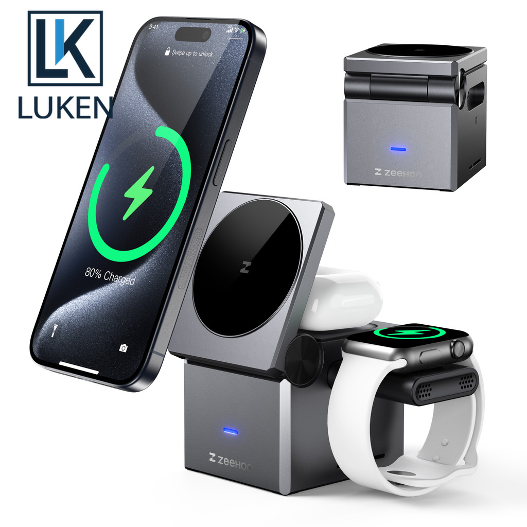 LUKEN ZeeHoo สถานีชาร์จ 3 in 1 แอพหลายอุปกรณ์, เครื่องชาร์จพกพา MagSafe ขาตั้งไร้สาย iPh, ที่ชาร์จสํ