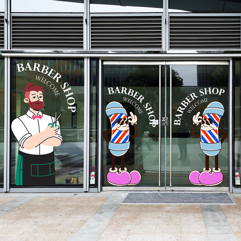 ร้านทําผมผู้ชายสติกเกอร์ประตูกระจกการ์ตูนสร้างสรรค์ตัดผมออกแบบจัดแต่งทรงผมร้านตัดผมประตูบานเลื่อนสติกเกอร์กระจก