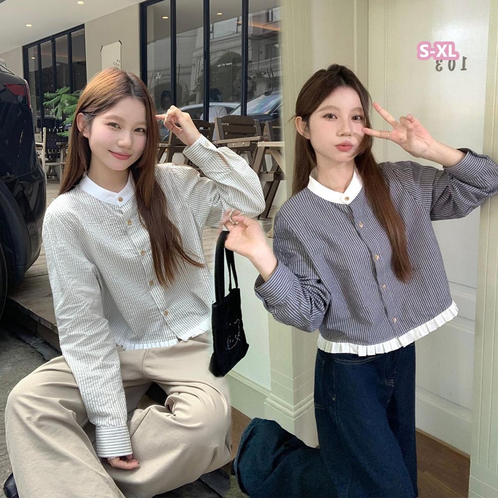 🌻Grace🌻 เสื้อเชิ้ตลายทางแขนยาวผู้หญิง เสื้อคาร์ดิแกนทรงหลวมๆ เก๋ๆ เสื้อสีตัดกันสั้น สวมใส่สบาย ดีไซน์สวยงาม #W594
