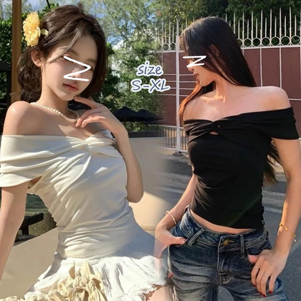 Chili Kokoเสื้อยืดแขนสั้นสีดำจีบไหล่เดียวสำหรับผู้หญิง ทรงสลิมฟิต สไตล์สาวอเมริกันเซ็กซี่ร้อนแรง2699