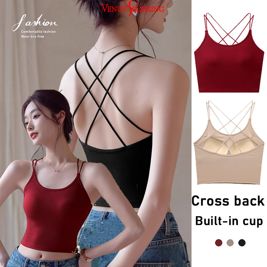 ( Ready Stock ) 2-in-1 สายไขว้บ่าบาง หลังสวย เสื้อสายเดี่ยว ผู้หญิงมีแผ่นรองหน้าอก เสื้อครอปสีดํา