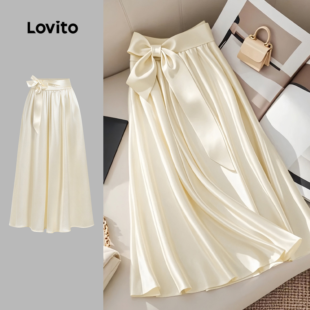 Lovito กระโปรงทรงเรียบผูกโบว์หรูหราสำหรับฤดูร้อน/ฤดูใบไม้ผลิสำหรับผู้หญิง L132ED038