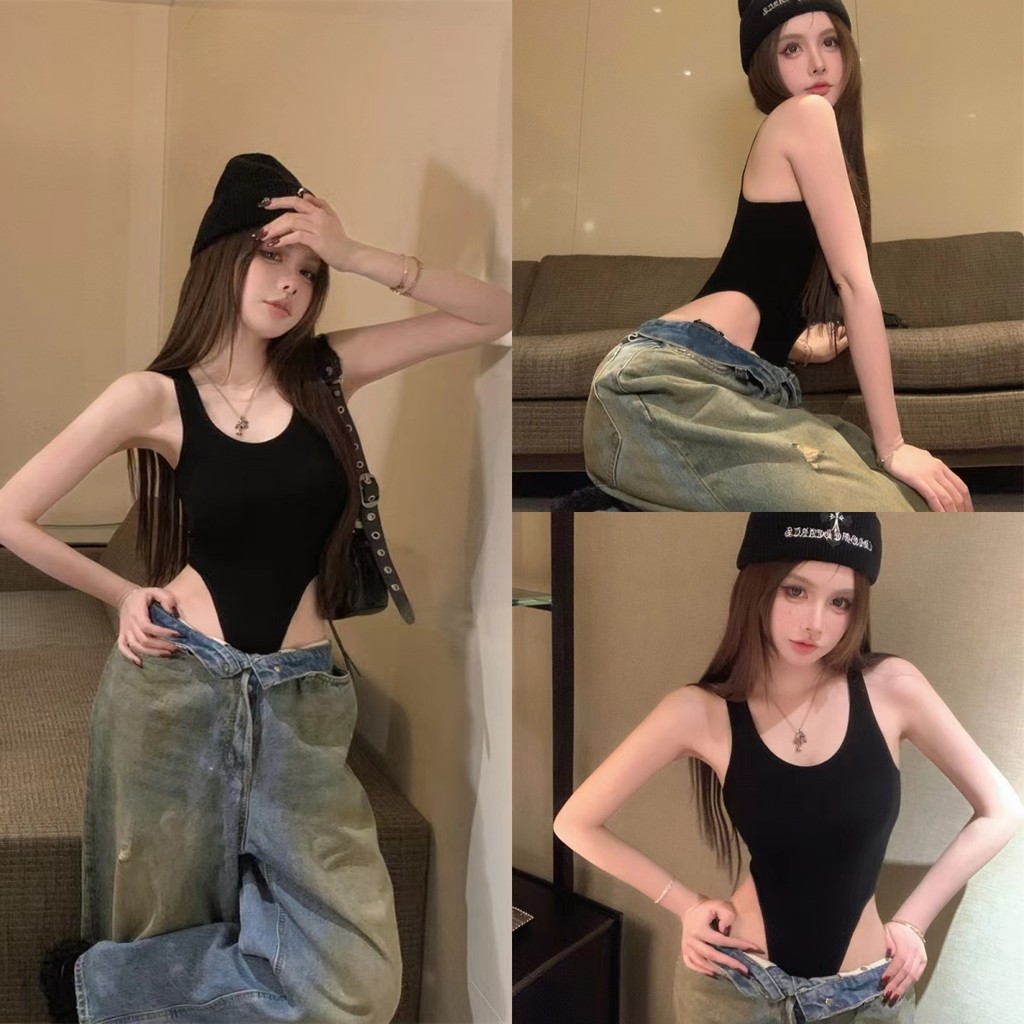 Evelyn ​จั๊มสูท ดีเทลแน่น กระชับ สีพื้น แขนกุด ยืดหยุ่นดี มีซับใน เวอร์ชั่นเกาหลี ใส่ไปทะเล