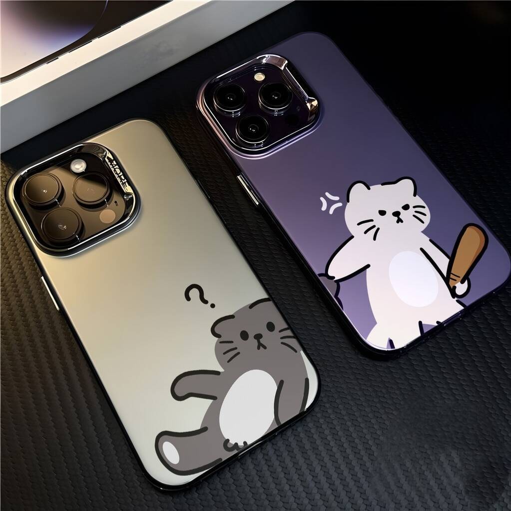 ค้อนแมวคู่เคสโทรศัพท์สําหรับiPhone 16e 17 11 12 13 14 15 16 Pro Max 7 8 16 Plus SE 2020 สีสันเงินปกแข็ง