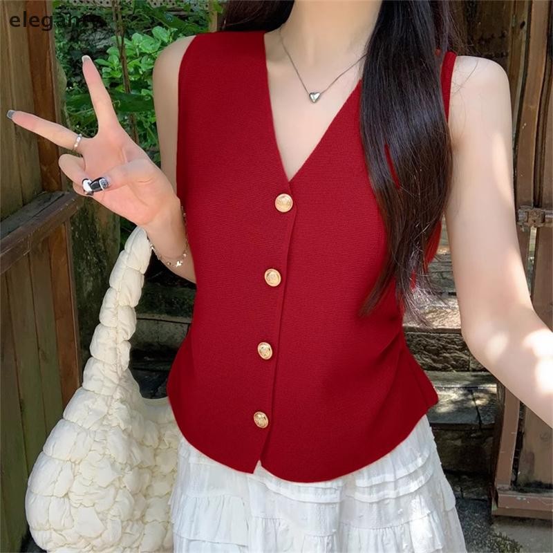 เช่น ฝรั่งเศสสีทึบคอวีกระดุมแถวเดียวแขนกุดบางถักเสื้อกั๊กสําหรับผู้หญิง N