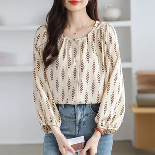 ในสต็อก Graceful Womens Long Puff Sleeve Round Neck Chiffon Top Loose Fit Ideal for Work หรือ Casual Wear